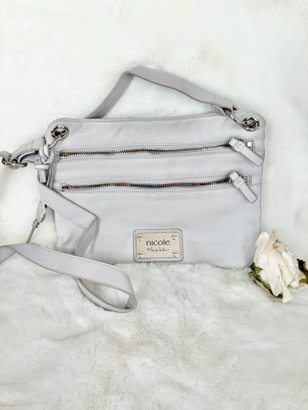 Nicole by Nicole Miller Light Gray Pebbled Leather Crossbody with decorative key